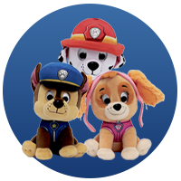 PAW Patrol bamser med Chase, Marshall og Skye i farverige baggrunde.