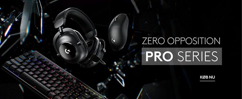 Logitech G Pro Series med headset, mus og tastatur til professionel esport med teksten Zero Opposition