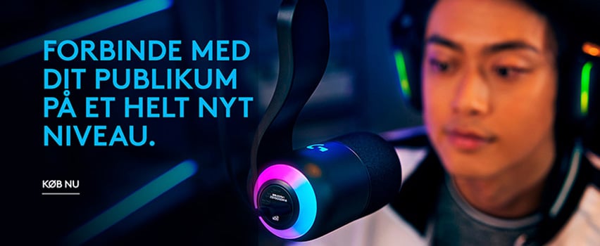 Gamer bruger Logitech G streaming-mikrofon med RGB-lys for at forbinde med publikum på nyt niveau