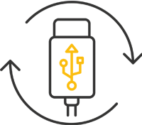 Ikon af USB-stik med pile, der viser genopladelige batterier i tado° radiatortermostat