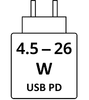 Nepieciešamā lādētāja jauda: 4.5–26 W, USB PD