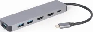 Gembird USB Type-C centrmezgls A-CM-COMBO3-03 — 3x USB 3.2 Gen 1, 2x HDMI, USB PD 100 W, 5 Gbit/s, 4K@30Hz, metāla korpuss