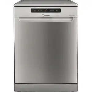 Brīvstāvoša trauku mazgājamā mašīna Indesit D2F HD624 AS ar 14 vietu iestatījumiem, 9 programmām, displeju, 44 dB trokšņa līmeni, E enerģijas klasi, sudraba