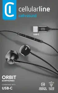 Cellularline ORBIT Vadu In-Ear austiņas ar USB Type-C savienojumu, iebūvētu mikrofonu un stereo skaņu zvaniem un mūzikai, melnas