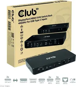 Club 3D CSV-1585 KVM-переключатель и док-станция DisplayPort и HDMI для 2 входов USB Type-C с поддержкой 4K 60 Гц, портами USB и LAN