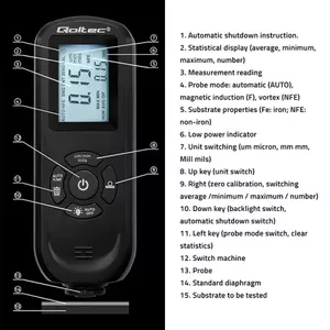 Толщиномер покрытий QOLTEC 50646 с ЖК-дисплеем 0–2000 мкм