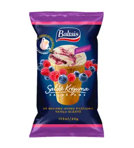 Baltais Krējuma saldējums vafeļu glāzītē ar melleņu un aveņu pildījumu