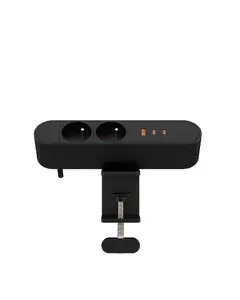 Galda kontaktligzdu bloks MicroConnect 2 franču tipa E rozetes 1 USB-A 2 USB-C 67W 1.8m kabelis melns ar skrūvspīles stiprinājumu
