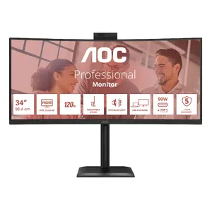 AOC CU34E4CW Curved Computer Monitor 34 Inch UWQHD 3440 x 1440 VA LED 120 Hz USB-C HDMI DisplayPort Black