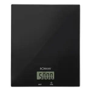 Elektroniskās virtuves svara BOMANN KW 6085 CB — 5 kg kapacitāte, melnas, stikla platforma, LCD, 180×210×20 mm