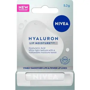 Lūpu balzams Nivea Hyaluron Lip Moisture Plus 5.2 g — mitrinošs kopšanas līdzeklis sausām lūpām