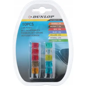 Auto drošinātāju komplekts DUNLOP 10 gab. — plakanie auto drošinātāji (vērtības nav norādītas)