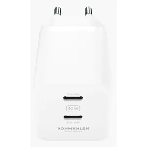 Универсальное сетевое зарядное устройство Vonmählen Unity GaN 40W для помещений с 2 портами USB Type-C белое