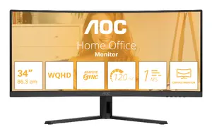 AOC CU34B3E Computer Monitor 34-inch Wide Quad HD Curved VA LED 3440 x 1440 Pixels 21:9 Black