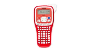 Etiķešu printeris Brother PT-H100R — termotransfērs, 180×180 DPI, 20 mm/s, maks. platums 12 mm, maks. augstums 9 mm, LCD, darbināms ar AAA, sarkans