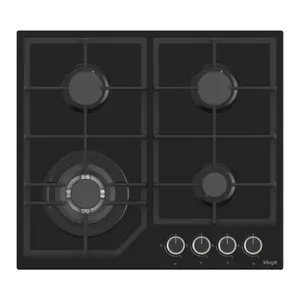 Kluge KPG6030BG Gas Hob, 60 cm, 4 Burners, Glass Ceramic Surface, Cast Iron Grates