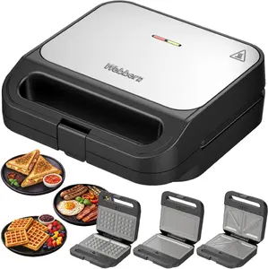 Webber 05SR3 3-in-1 Sandwich Maker, Toaster, Grill and Waffle Maker with 1000W Power, Ceramic Removable Plates and Stainless Steel Housing