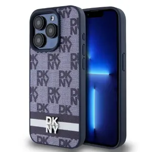 DKNY PU Leather Checkered Pattern and Stripe vāciņš iPhone 15 Pro telefonam zils