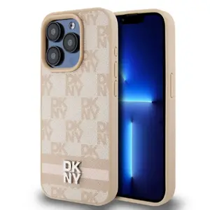 DKNY PU Leather Checkered Pattern and Stripe Case aizmugurējais vāciņš iPhone 13 Pro Pink