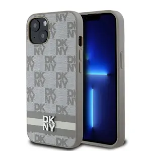 DKNY iPhone 13 aizmugurējais vāciņš no mākslīgās ādas ar rūtainu rakstu un svītru smilškrāsas