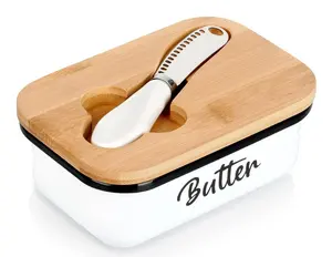 Butter Dish with Bamboo Lid and Small Knife Vilde 139515 White Metal
