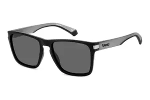 Polaroid PLD 2139/S O6W56M9 unisex kvadrātveida saulesbrilles ar melnu polikarbonāta ietvaru un polarizētām pelēkām plastmasas lēcām