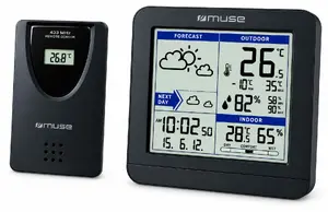 Digitālā bezvadu meteostacija MUSE M 080 WS ar āra sensoru, LCD displeju, temperatūras un mitruma mērījumiem, kalendāru un modinātāju