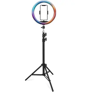 Retoo ER997 RGB LED selfīju riņķa gaisma ar 30 cm diametru, regulējamu statīvu, telefona turētāju, tālvadības pulti un USB barošanu
