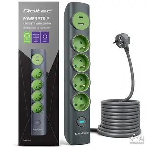 Qoltec Strāvas pagarinātājs ar izgaismotu slēdzi 4 kontaktligzdas 1xUSB C 3680W 16A