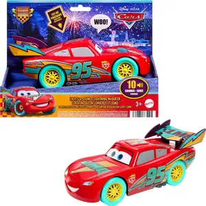 MATTEL Race to Celebrate Lights & Sounds Lightning McQueen Liela mēroga rotaļu transportlīdzeklis plastmasa metāls 3 AAA baterijas