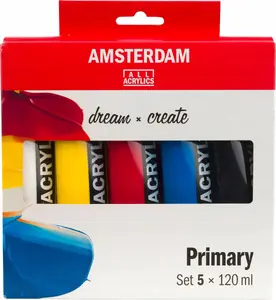 Artequipment Amsterdam Standard Series Acrylic Paint Primary Set Black Cyan Magenta White Yellow 120 ml 5 x
