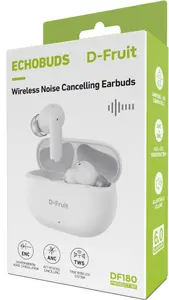 D-Fruit EchoBuds NC DF180 baltas bezvadu austiņas ar Bluetooth 6.0 aktīvo trokšņu slāpēšanu ANC un 5 stundu akumulatora darbības laiku