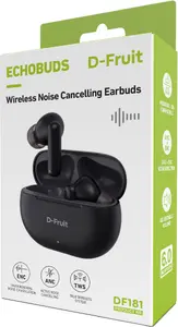 D-Fruit bezvadu austiņas EchoBuds NC DF181 melnas ar Bluetooth 6.0 aktīvo trokšņu slāpēšanu ANC un 5 stundu akumulatora darbības laiku