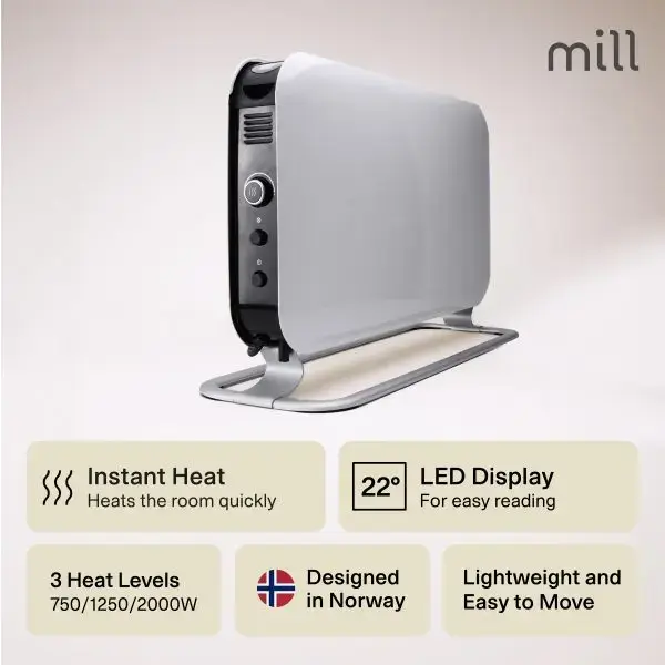 Mill SG2000LED Electric Convector Heater, 2000W, White, IPX4, for rooms up to 28 m², 3 power levels, and LED thermostat Photo 2