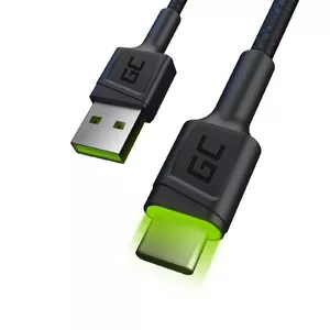 USB A uz USB C kabelis Green Cell KABGC06, 1.2 m, USB 2.0 (480 Mbit/s), melns ar zaļu apgaismojumu