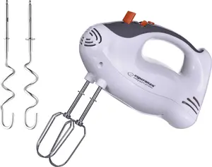 Rokas mikseris ESPERANZA EKM009 — 250 W, 5 ātrumi, pelēki/balts, nerūsējošā tērauda geliķi un mīklas āķi