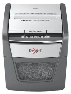 Rexel Optimum AutoFeed 45X Automatic Cross Cut Paper Shredder P4 with 20 L Basket Volume and 4 x 28 mm Shredding Size