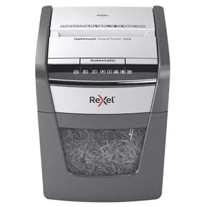 Paper shredder REXEL Optimum AutoFeed+ 50X — cross cut P-4, 22 cm working width, 50-sheet auto feed, 20 L bin