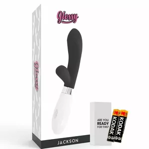 Rabbit vibrator GLOSSY D-221104 — Black, handheld double-stimulation adult toy, weight 0.195 kg