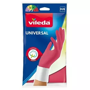 Mājas tīrīšanas cimdi VILEDA Universal izm. M — pastiprināti pirkstu gali, ūdens un ķīmijizturīgi, rozā