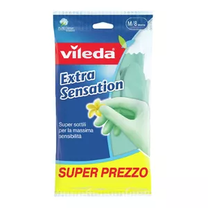 Mājas cimdi VILEDA Extra Sensation zaļi, kokvilna/latekss, izm. M, pastiprinātas pirkstu galotnes, neslīdoši