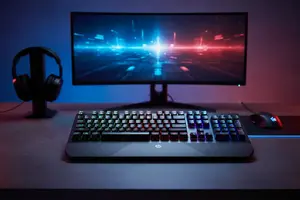 HP Pavilion 800 vadu spēļu tastatūra — (USB ports, 4 zonu LED fona apgaismojums, plaukstu balsts, sarkani mehāniskie slēdži)